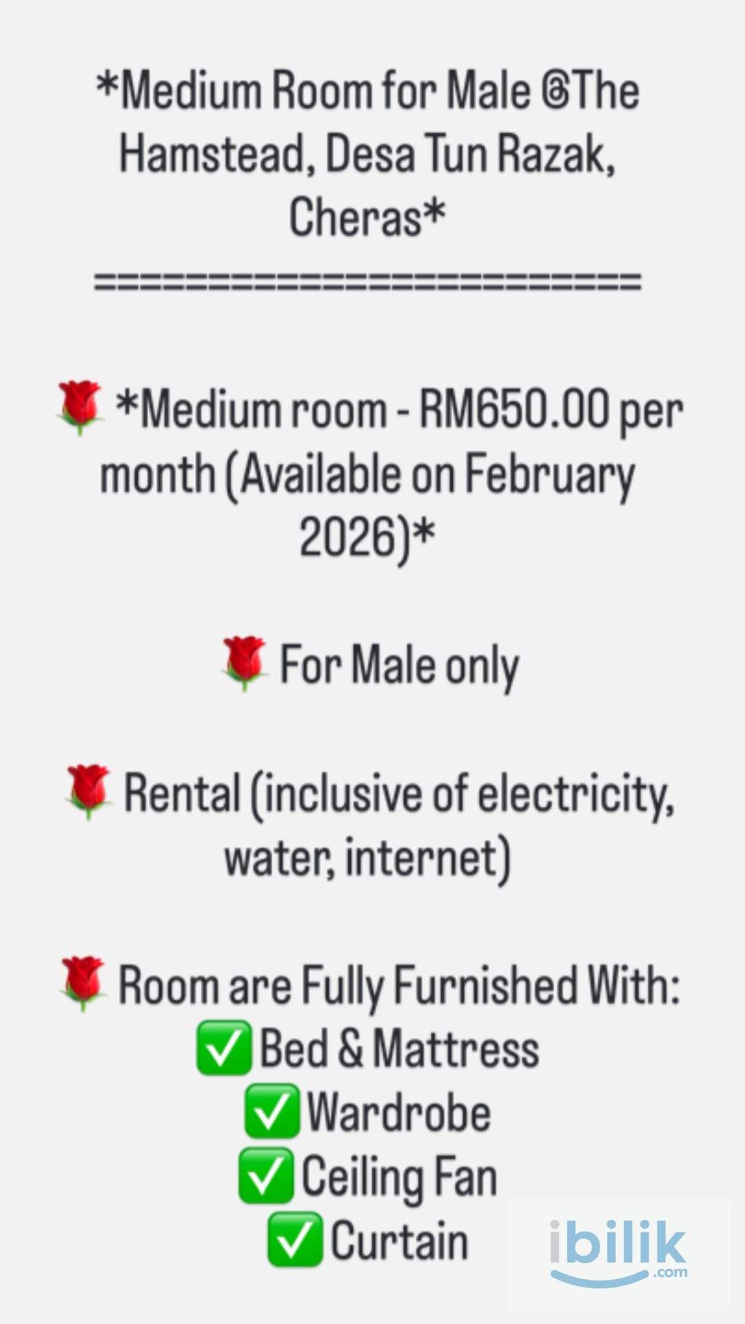 MEDIUM ROOM FOR MALE@Desa Tun Razak, Cheras - Image 2