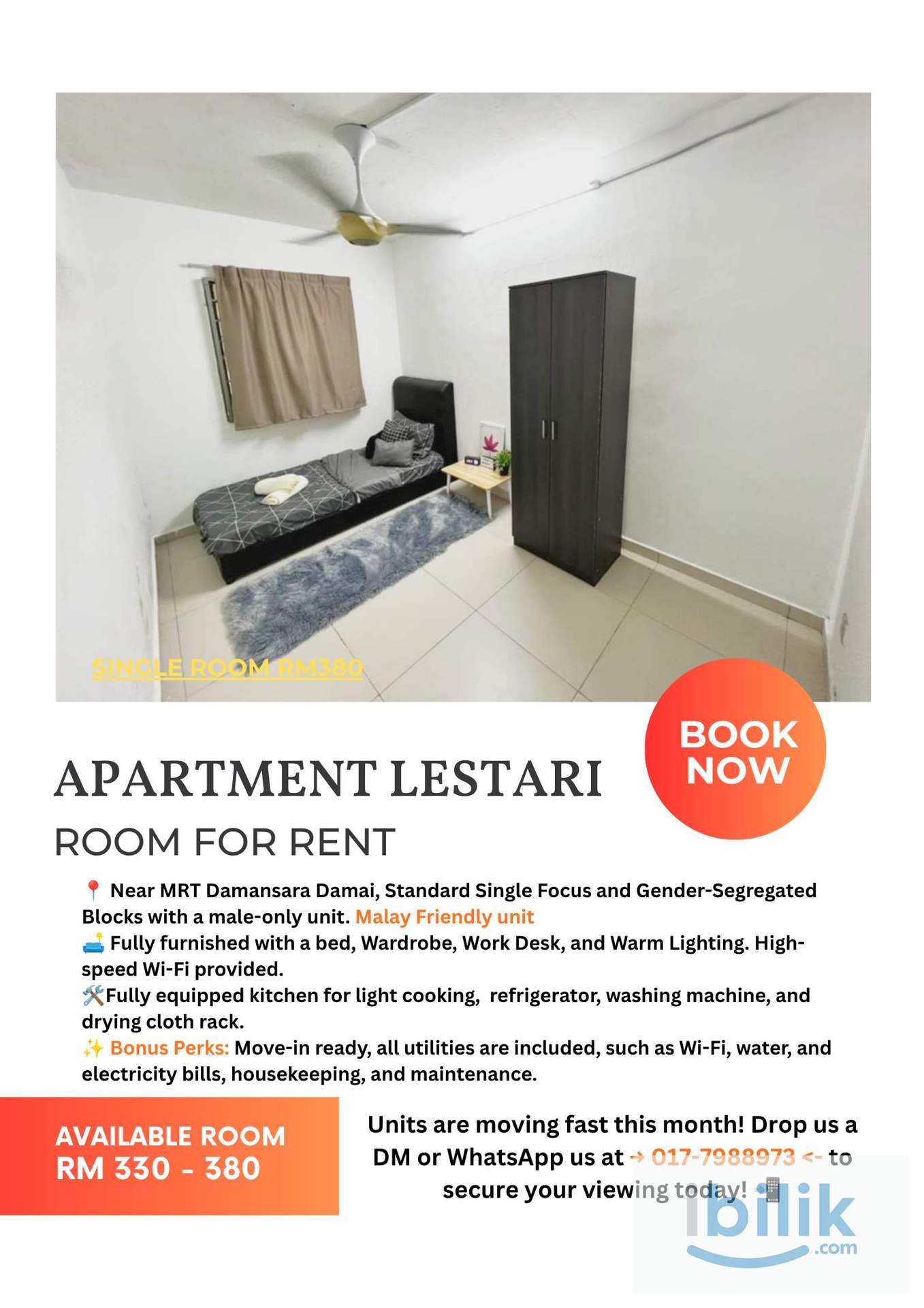 <Damansara Damai> Malay Male Unit, Available Room For Rent IN 🛋️ Lestari Apartment - Image 1