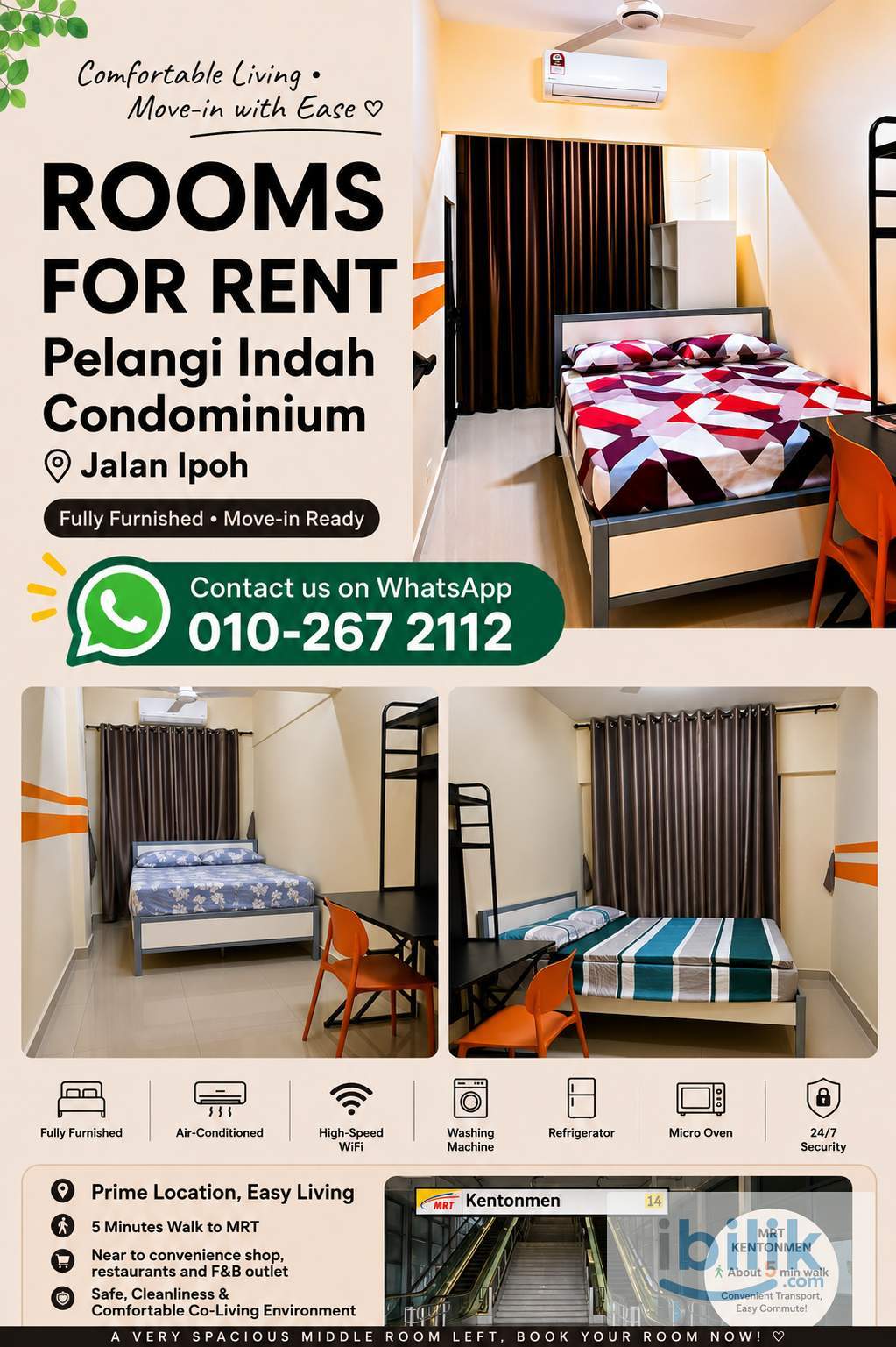 ❤️ MUST VIEW HIGH FLOOR MEDIUM ROOM AT PELANGI INDAH, JALAN IPOH 👨👩MIXED GENDER 🚄 MRT KENTONMEN & KTM BATU KENTONMEN  - Image 1