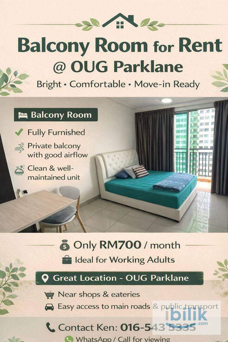 Balcony Room Available Now @ OUG Parklane Direct Owner - Image 1