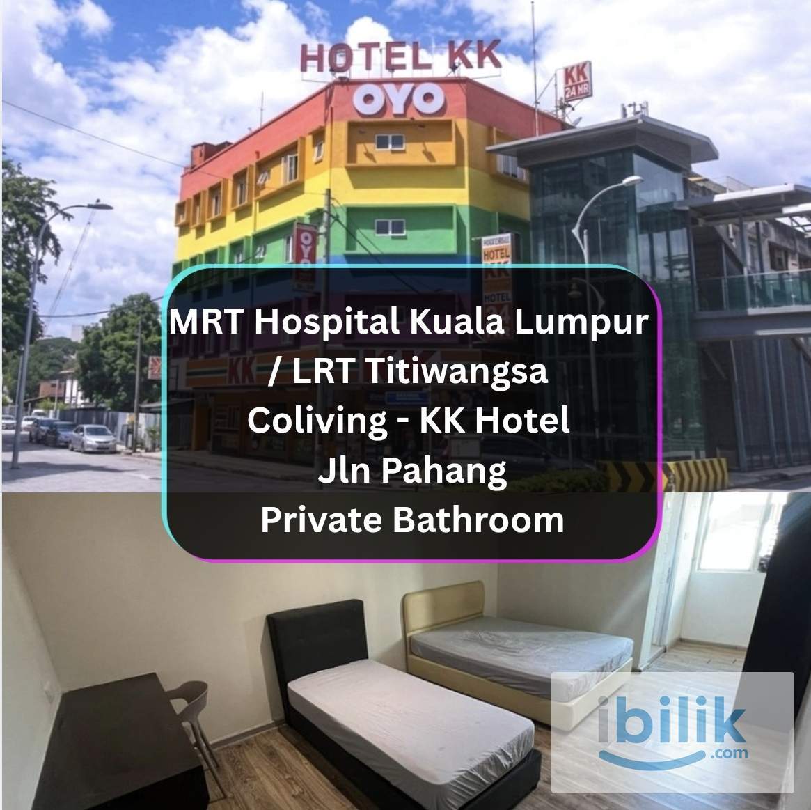 🚝 LRT Titiwangsa + MRT Hospital KL 🌟 2 Stop to KLCC ❤️ Coliving KK Hotel Jln Pahang Master Room v Private Bathroom - Image 1