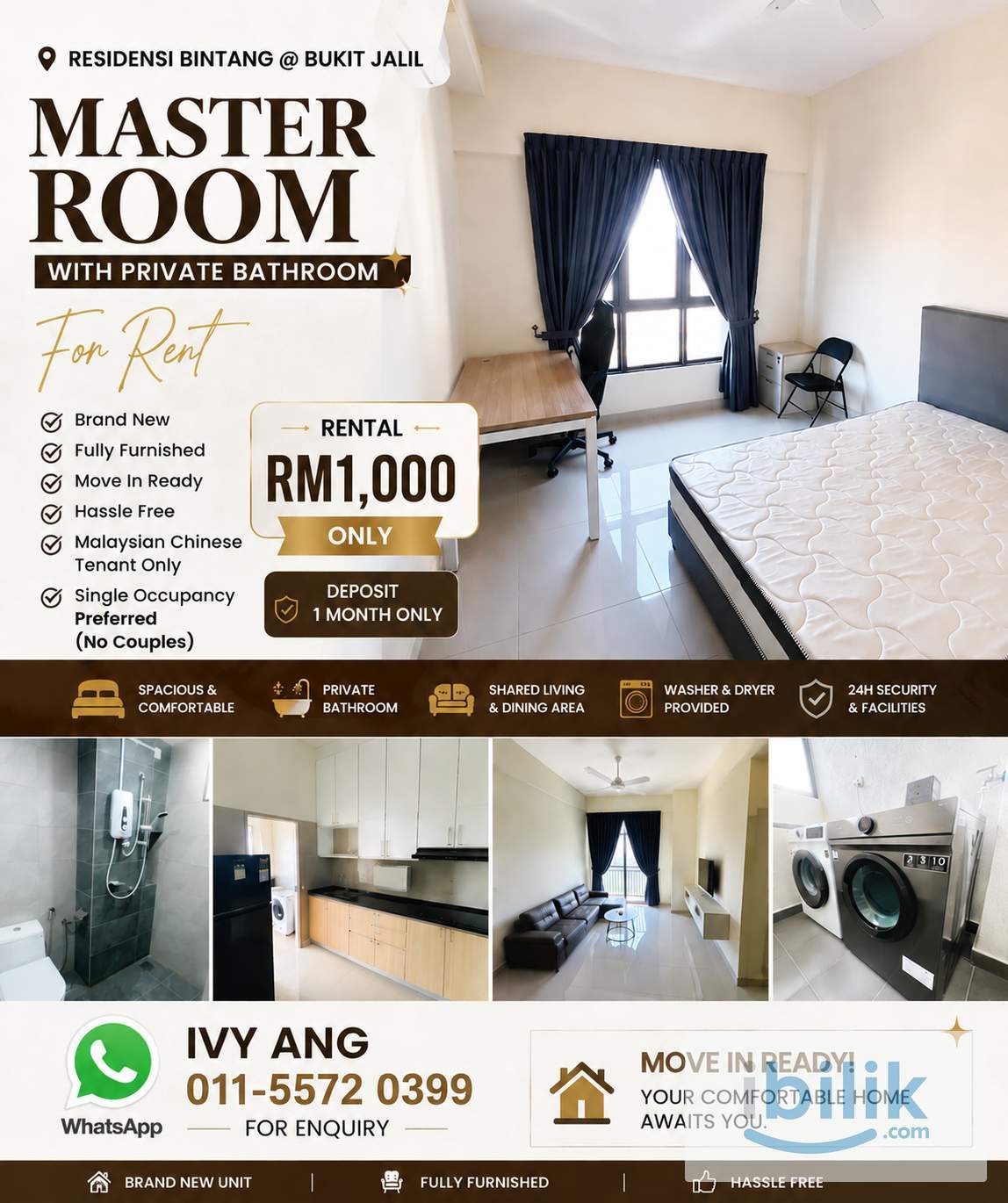 RM1000 + 1mth Depo | Fully Furnished Master Room with Private Bathroom📍Residensi Bintang Bukit Jalil - Image 1
