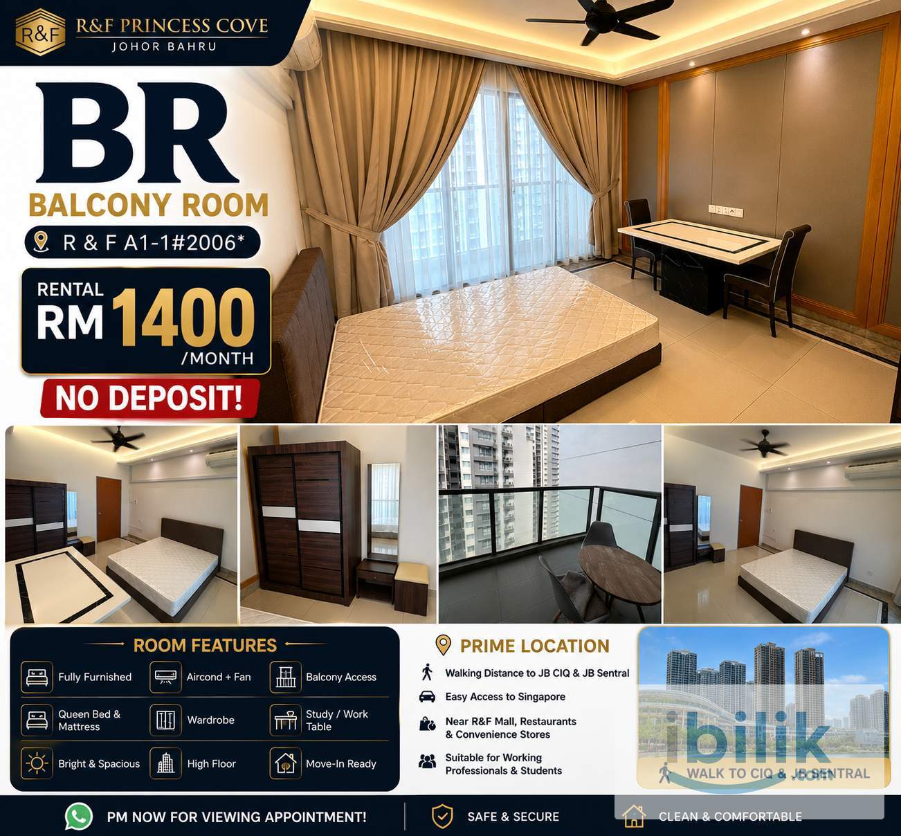 🏙️ Bedroom @ R&F Princess Cove | Balcony Access | Fully Furnished | Zero Deposit | RM1,400 - Image 1