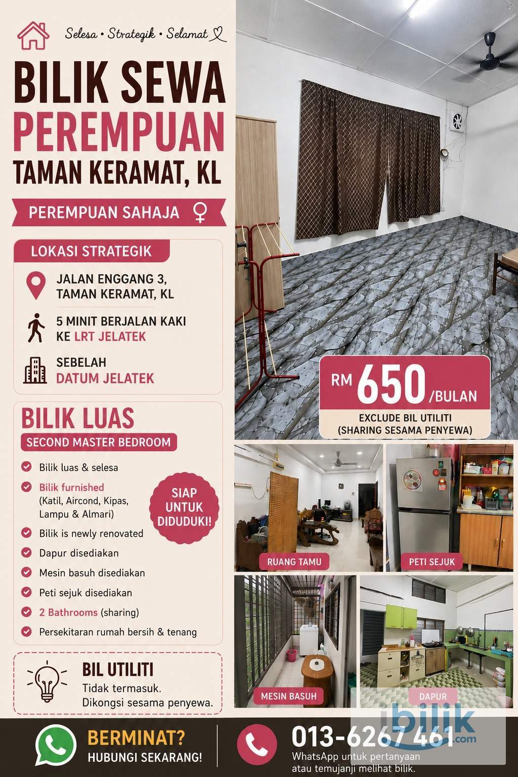 SINGLE ROOM- 5 MIN WALK FROM LRT JELTAEK TAMAN KERAMAT, JALAN ENGGANG 3, KL - Image 1